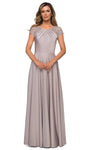 A-line Jeweled Neck Floor Length Sheer Back Zipper Fitted Pleated Cap Sleeves Natural Waistline Dress