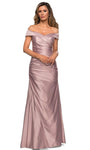 A-line Off the Shoulder Asymmetric Fitted Pleated Back Zipper Natural Waistline Floor Length Satin Evening Dress/Mother-of-the-Bride Dress