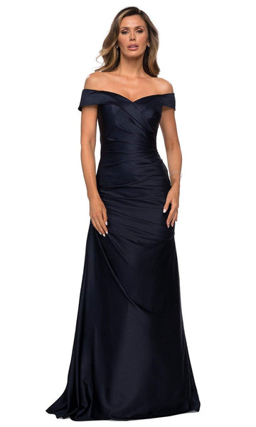 A-line Satin Pleated Fitted Asymmetric Back Zipper Natural Waistline Off the Shoulder Floor Length Evening Dress/Mother-of-the-Bride Dress