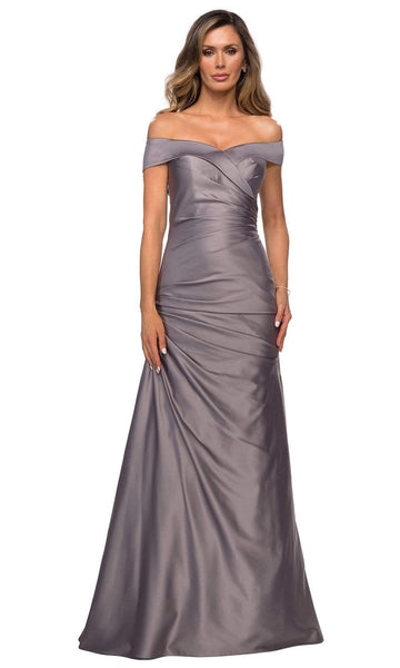 A-line Satin Floor Length Asymmetric Pleated Back Zipper Fitted Natural Waistline Off the Shoulder Evening Dress/Mother-of-the-Bride Dress