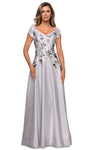 Sophisticated Modest A-line V-neck Floral Print Back Zipper Fitted V Back Pleated Natural Princess Seams Waistline Floor Length Cap Sleeves Evening Dress