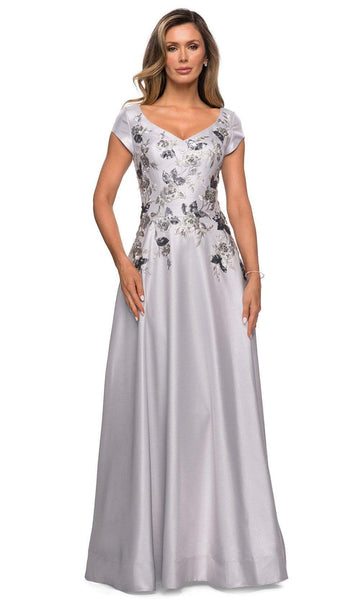 Sophisticated Modest A-line V-neck Floral Print Floor Length Back Zipper Fitted V Back Pleated Natural Princess Seams Waistline Cap Sleeves Evening Dress