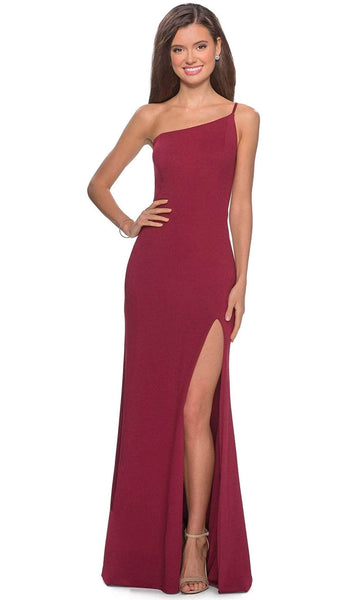 Sexy Fitted Back Zipper Slit Floor Length Jersey Sheath Natural Waistline One Shoulder Sheath Dress/Prom Dress with a Brush/Sweep Train
