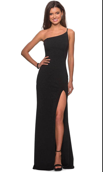 Sexy Jersey One Shoulder Fitted Slit Back Zipper Sheath Floor Length Natural Waistline Sheath Dress/Prom Dress with a Brush/Sweep Train