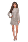 Modest Sheath Long Sleeves Bateau Neck High-Neck Natural Waistline Sequined Beaded V Back Knit Cocktail Short Sheath Dress/Slip Dress