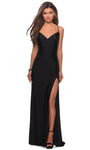 V-neck Slit Open-Back Back Zipper Sheath Spaghetti Strap Natural Waistline Jersey Sheath Dress with a Brush/Sweep Train