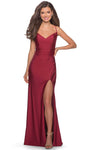 V-neck Jersey Spaghetti Strap Sheath Open-Back Back Zipper Slit Natural Waistline Sheath Dress with a Brush/Sweep Train