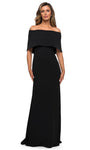 Sheath Floor Length Jersey 3/4 Cap Sleeves Off the Shoulder Natural Waistline Fitted Back Zipper Open-Back Sheath Dress/Evening Dress with a Brush/Sweep Train