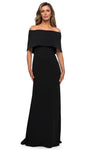 Sheath Natural Waistline Floor Length Open-Back Fitted Back Zipper Jersey 3/4 Cap Sleeves Off the Shoulder Sheath Dress/Evening Dress with a Brush/Sweep Train