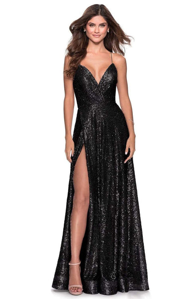 A-line V-neck Plunging Neck Spaghetti Strap Natural Waistline Floor Length Sequined Slit Ruched Open-Back Pocketed Lace-Up Pleated Prom Dress