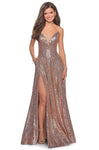 A-line V-neck Spaghetti Strap Plunging Neck Floor Length Pleated Pocketed Open-Back Lace-Up Ruched Sequined Slit Natural Waistline Prom Dress