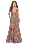 A-line V-neck Plunging Neck Floor Length Natural Waistline Spaghetti Strap Pleated Open-Back Lace-Up Ruched Pocketed Sequined Slit Prom Dress