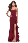 Sexy Ruffle Trim Faux Wrap Open-Back Lace-Up Fitted Scoop Neck Natural Waistline High-Low-Hem Sleeveless Spaghetti Strap Jersey Sheath Sheath Dress/Prom Dress with a Brush/Sweep Train