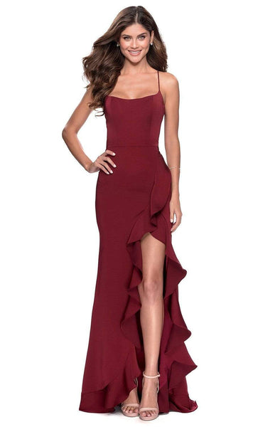 Sexy Sheath Natural Waistline Jersey Scoop Neck Ruffle Trim High-Low-Hem Fitted Lace-Up Faux Wrap Open-Back Sleeveless Spaghetti Strap Sheath Dress/Prom Dress with a Brush/Sweep Train