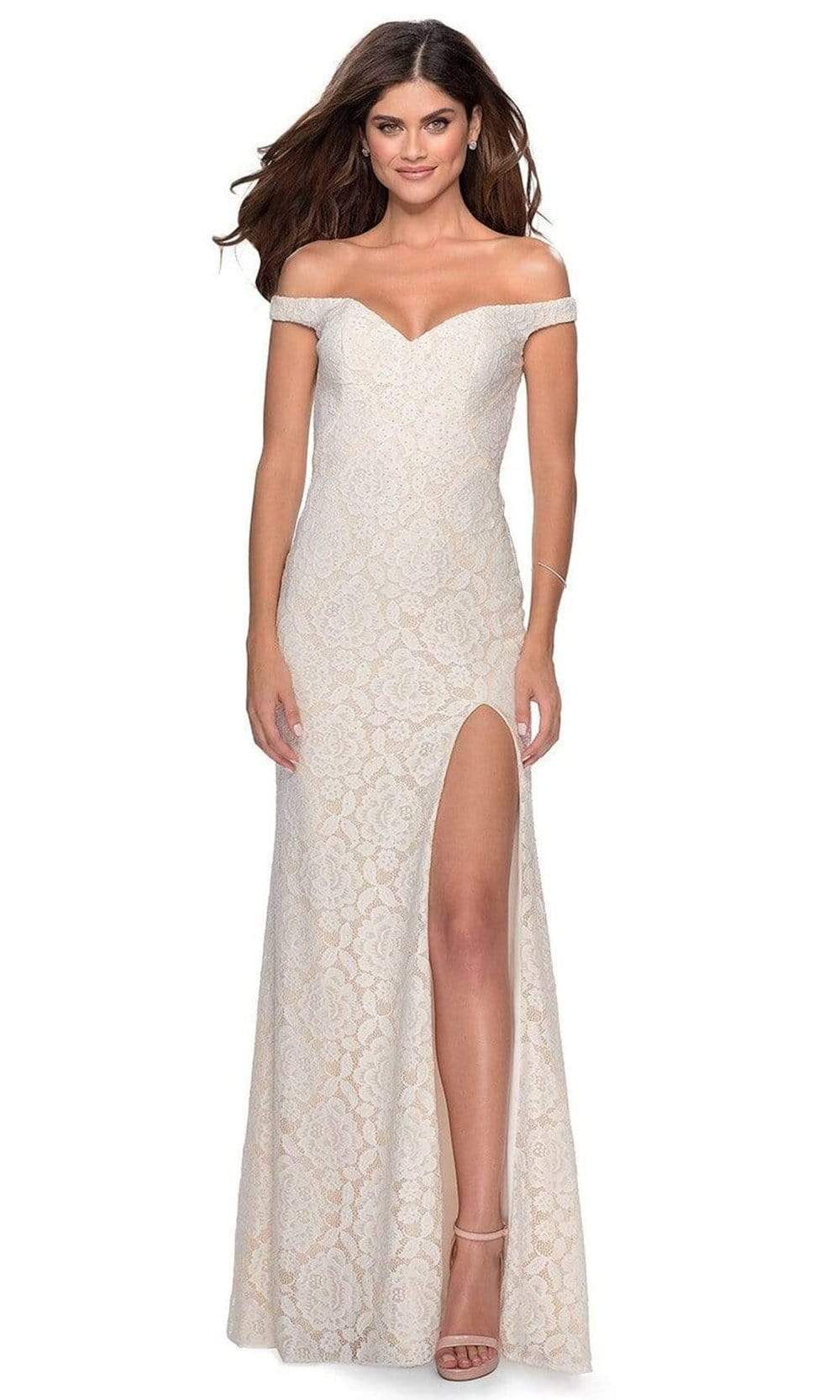 La Femme - 28301 Stretch Lace Off-Shoulder Sheath Dress With Slit
