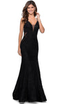 Sophisticated V-neck Lace Mermaid Sleeveless Spaghetti Strap Plunging Neck Sheer Back Sheer Open-Back Back Zipper Fitted Natural Waistline Evening Dress with a Brush/Sweep Train With Rhinestones