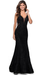 Sophisticated V-neck Mermaid Plunging Neck Sheer Back Zipper Open-Back Sheer Back Fitted Sleeveless Spaghetti Strap Natural Waistline Lace Evening Dress with a Brush/Sweep Train With Rhinestones