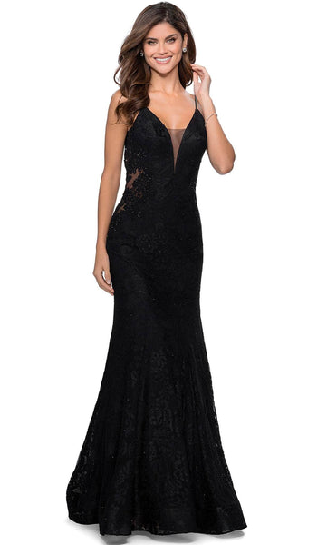 Sophisticated V-neck Sheer Open-Back Sheer Back Back Zipper Fitted Natural Waistline Sleeveless Spaghetti Strap Plunging Neck Lace Mermaid Evening Dress with a Brush/Sweep Train With Rhinestones