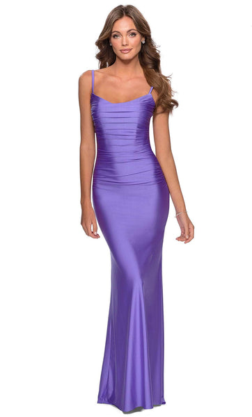 Modest Sleeveless Spaghetti Strap Scoop Neck Sheath Jersey Natural Waistline Open-Back Back Zipper Fitted Ruched Floor Length Sheath Dress/Prom Dress with a Brush/Sweep Train