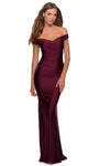 V-neck Jersey Sheath Pleated Ruched Shirred Open-Back Back Zipper Off the Shoulder Natural Waistline Sheath Dress/Prom Dress with a Brush/Sweep Train