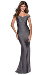 V-neck Off the Shoulder Sheath Jersey Shirred Ruched Pleated Open-Back Back Zipper Natural Waistline Sheath Dress/Prom Dress with a Brush/Sweep Train