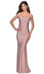 V-neck Jersey Sheath Open-Back Pleated Back Zipper Ruched Shirred Natural Waistline Off the Shoulder Sheath Dress/Prom Dress with a Brush/Sweep Train