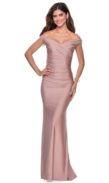 V-neck Sheath Shirred Pleated Open-Back Back Zipper Ruched Off the Shoulder Jersey Natural Waistline Sheath Dress/Prom Dress with a Brush/Sweep Train