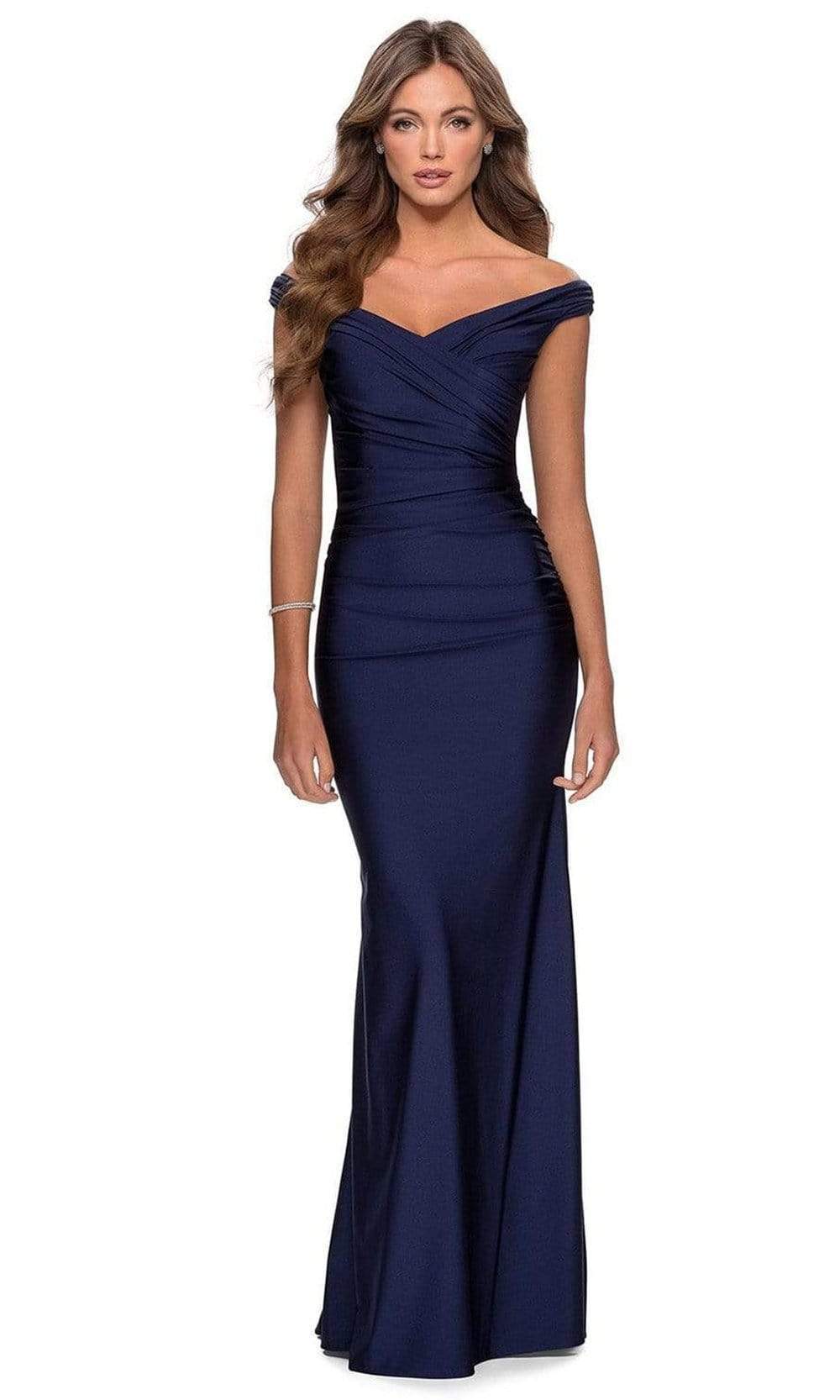 La Femme - 28450 Off-Shoulder Ruched Jersey Simple Prom Sheath Dress
