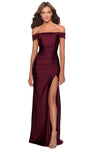 Natural Waistline Floor Length Off the Shoulder Sheath Jersey Back Zipper Ruched Open-Back Slit Fitted Sheath Dress/Evening Dress/Prom Dress with a Brush/Sweep Train
