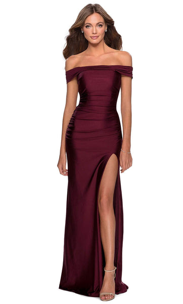 Floor Length Natural Waistline Sheath Jersey Ruched Fitted Back Zipper Open-Back Slit Off the Shoulder Sheath Dress/Evening Dress/Prom Dress with a Brush/Sweep Train