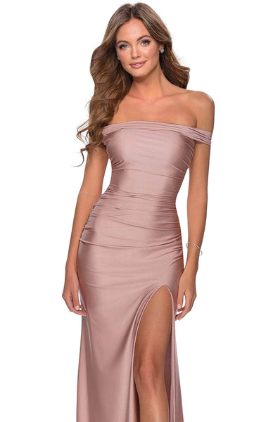 Sheath Floor Length Off the Shoulder Ruched Slit Fitted Open-Back Back Zipper Natural Waistline Jersey Sheath Dress/Evening Dress/Prom Dress with a Brush/Sweep Train