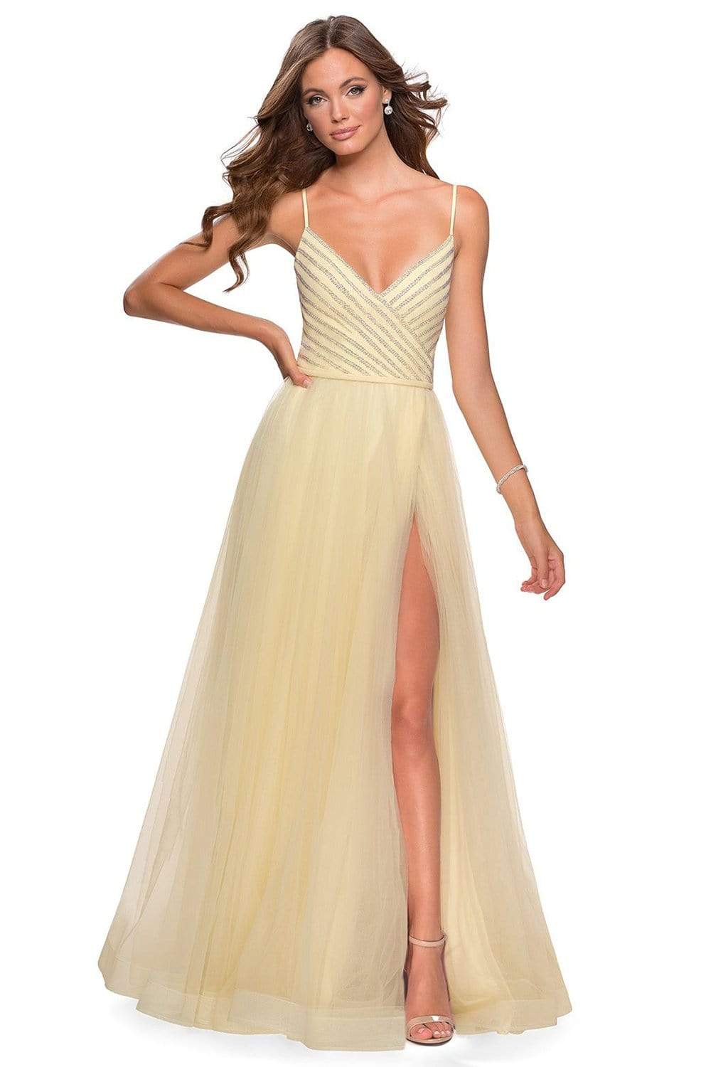 La Femme - 28511 Asymmetric Rhinestone Beadings Tulle Prom Dress

