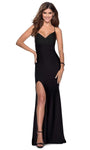 V-neck Sleeveless Spaghetti Strap Natural Waistline Mermaid Jersey Draped Lace-Up Slit Open-Back Ruched Hidden Back Zipper Fitted Prom Dress with a Brush/Sweep Train