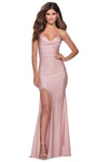 V-neck Natural Waistline Mermaid Jersey Slit Lace-Up Hidden Back Zipper Draped Ruched Fitted Open-Back Sleeveless Spaghetti Strap Prom Dress with a Brush/Sweep Train