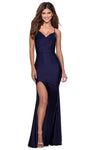 V-neck Sleeveless Spaghetti Strap Mermaid Jersey Draped Lace-Up Ruched Hidden Back Zipper Slit Open-Back Fitted Natural Waistline Prom Dress with a Brush/Sweep Train