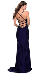 La Femme - 28518 Strappy Back Draped V Neck High Slit Mermaid Dress