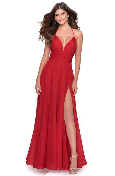 A-line Chiffon Empire Waistline Open-Back Slit Fitted Ruched Pleated Sleeveless Spaghetti Strap Halter Evening Dress/Prom Dress