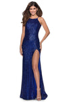 Sleeveless Halter Sheath Natural Waistline Sequined Slit Fitted Open-Back Sheath Dress with a Brush/Sweep Train