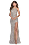 Sleeveless Open-Back Fitted Slit Sequined Halter Sheath Natural Waistline Sheath Dress with a Brush/Sweep Train