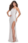 Sheath Natural Waistline Fitted Sequined Slit Open-Back Sleeveless Halter Sheath Dress with a Brush/Sweep Train