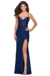 V-neck Slit Back Zipper Fitted Open-Back Corset Natural Waistline Sleeveless Spaghetti Strap Lace Sheath Plunging Neck Sheath Dress/Prom Dress with a Brush/Sweep Train