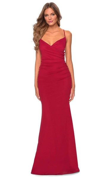 V-neck Floor Length Jersey Plunging Neck Sheath Ruched Lace-Up Fitted Back Zipper Natural Waistline Sheath Dress/Prom Dress with a Brush/Sweep Train