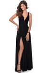 Sophisticated A-line V-neck Sleeveless Jersey Slit Ruched Hidden Back Zipper Fitted V Back Banding Goddess Empire Waistline Floor Length Evening Dress/Prom Dress with a Brush/Sweep Train