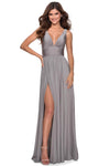 Sophisticated A-line V-neck Jersey Floor Length Banding Slit Ruched V Back Fitted Hidden Back Zipper Goddess Sleeveless Empire Waistline Evening Dress/Prom Dress with a Brush/Sweep Train