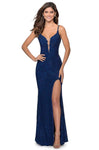 Sexy Sophisticated V-neck Sleeveless Spaghetti Strap Lace Floor Length Plunging Neck Sheath Natural Waistline Sheer Fitted Slit Open-Back Beaded Sheath Dress/Evening Dress with a Brush/Sweep Train Wit