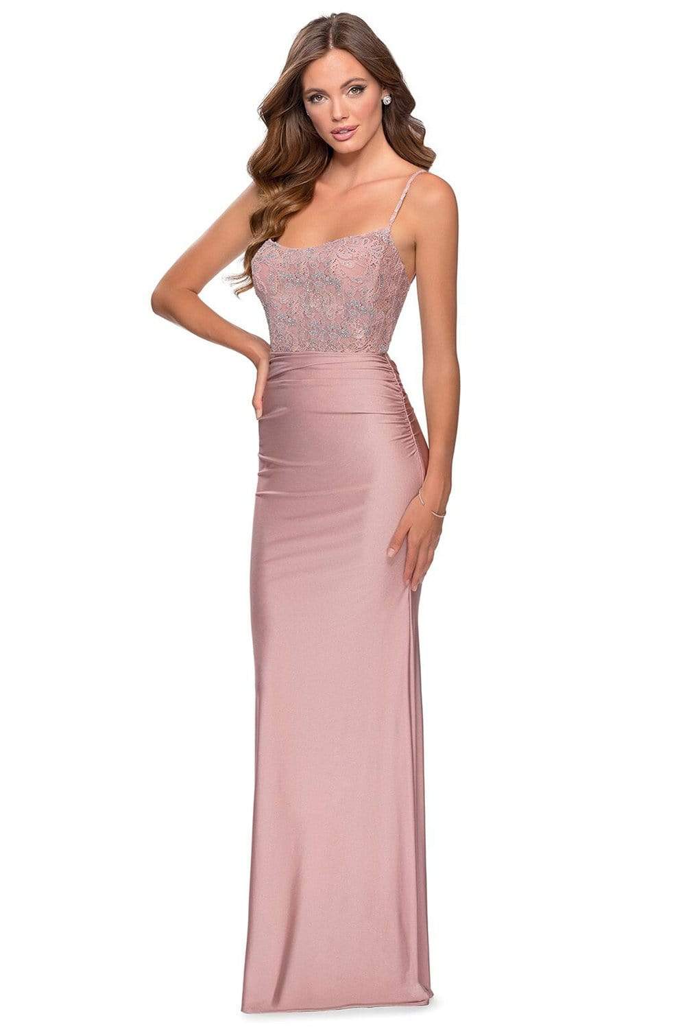 La Femme - 28558 Scoop Neck Lace Sheath Simple Prom Dress
