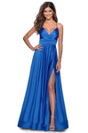 Sophisticated A-line V-neck Satin Sleeveless Ruched Slit Back Zipper Natural Waistline Plunging Neck Dress with a Brush/Sweep Train