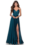 Sophisticated A-line V-neck Plunging Neck Sleeveless Slit Ruched Back Zipper Satin Natural Waistline Dress with a Brush/Sweep Train