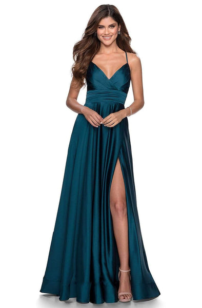 Sophisticated A-line V-neck Plunging Neck Natural Waistline Satin Ruched Back Zipper Slit Sleeveless Dress with a Brush/Sweep Train