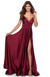 Sophisticated A-line V-neck Natural Waistline Plunging Neck Sleeveless Satin Back Zipper Slit Ruched Dress with a Brush/Sweep Train